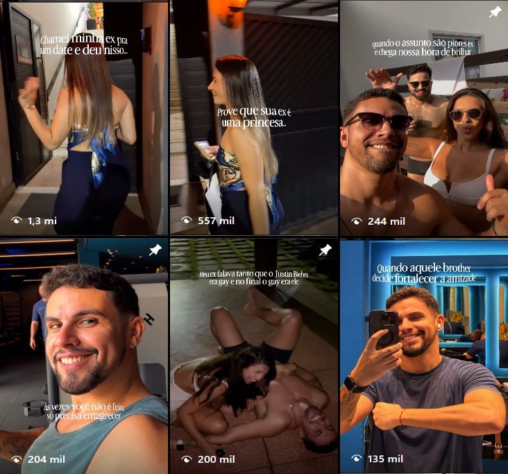 Grade de Reels do perfil com visualizações de 135 mil a 1,3 milhão